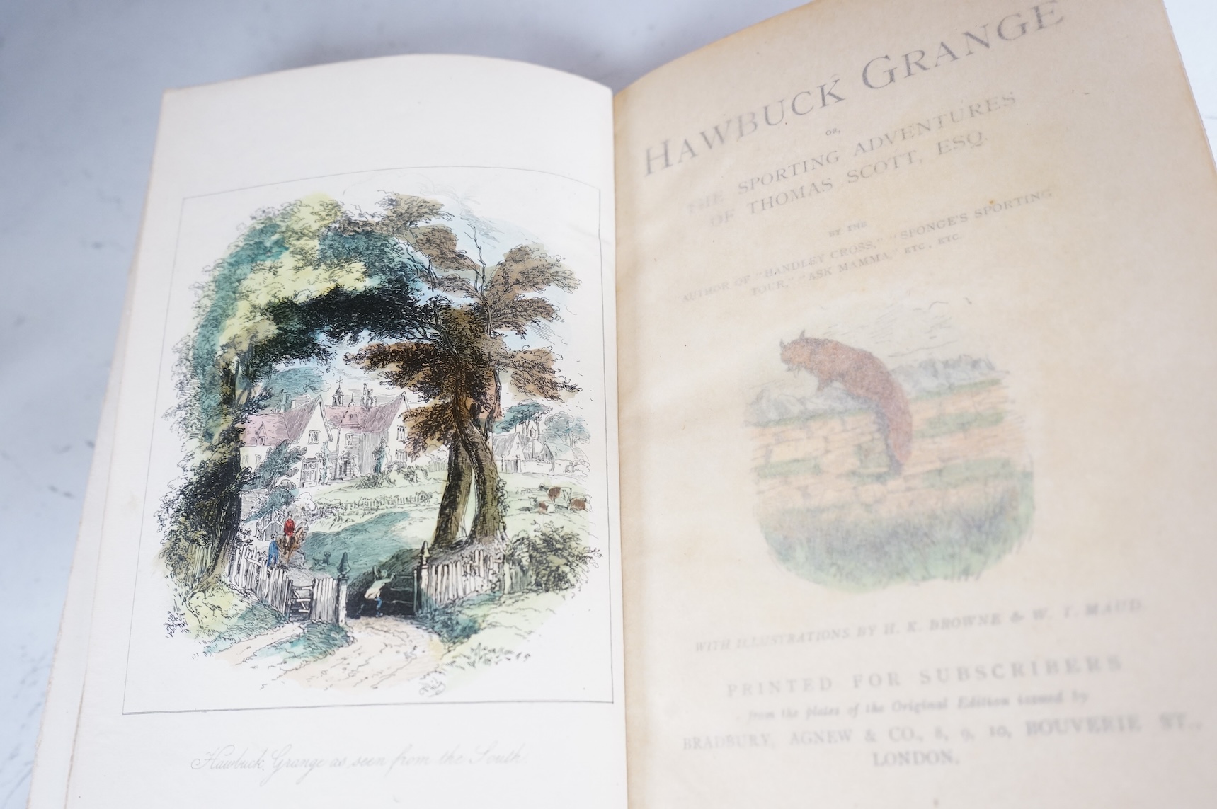 [Surtees, R.S.] Sporting Novels. 6 vols. hand coloured pictorial titles and plates, other text illus.; contemp. red half calf and cloth, gilt pictorial panelled spines, gilt tops and marbled e/ps., med. 8vo. printed for